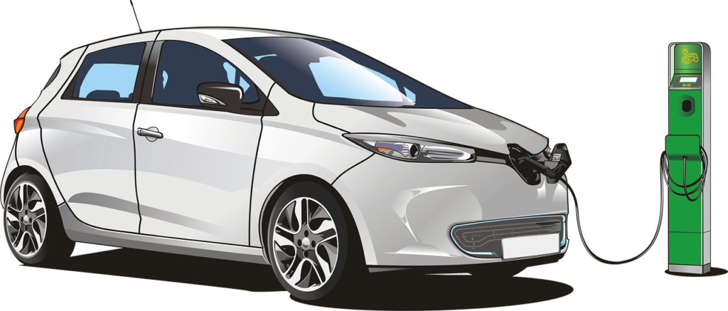 Vista de un coche eléctrico conectado a un poste cargador