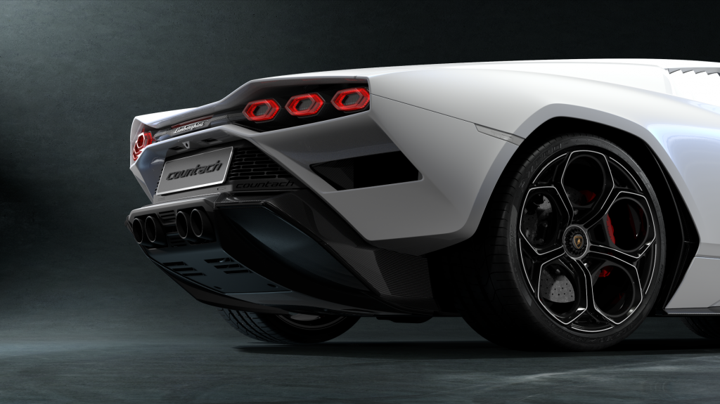 Vista trasera del Lamboghini Countach con neumáticos Pirelli OEM