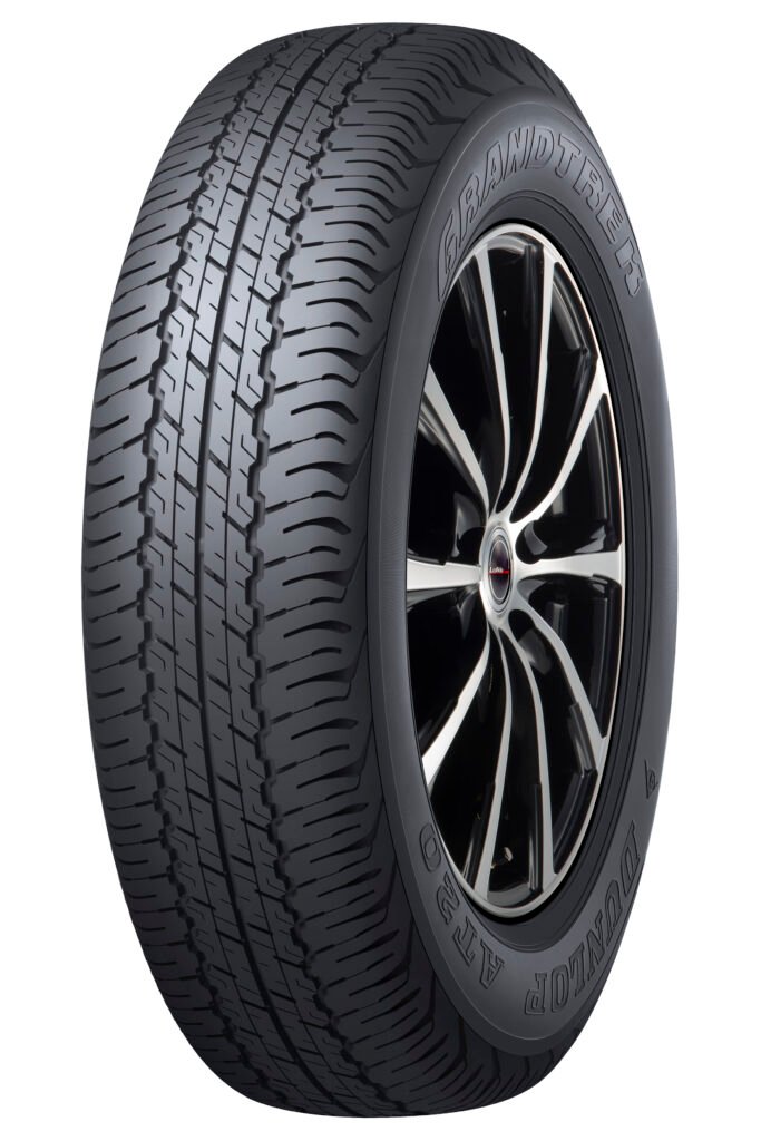 Vista frontal / lateral del neumático DUNLOP GRANDTREK AT20, resaltando su banda de rodadura.